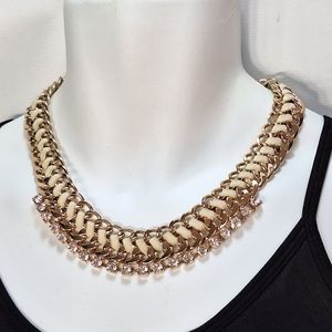 Gold Tone Chain Leather Crystal Rhinestone Chunky Necklace